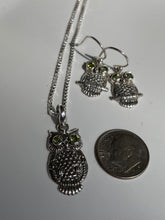 Load image into Gallery viewer, Owl Sterling Silver Earring and Pendant Set adorned with Peridot Gemstone