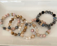 Load image into Gallery viewer, Rhodonite, Jasper and Glass bead gemstone 10mm Stretch Bracelet