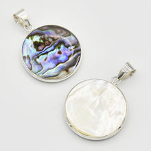 Load image into Gallery viewer, Double-sided Abalone, Red Coral and Mother of Pearl Sterling Silver Round Pendant