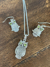 Load image into Gallery viewer, Owl Sterling Silver Earring and Pendant Set adorned with Peridot Gemstone