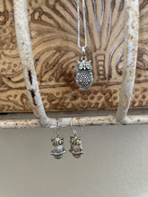 Load image into Gallery viewer, Owl Sterling Silver Earring and Pendant Set adorned with Peridot Gemstone