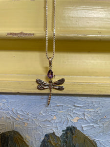 Dragon Fly Sterling Silver Pendant and Earring set adorned with Amethysts