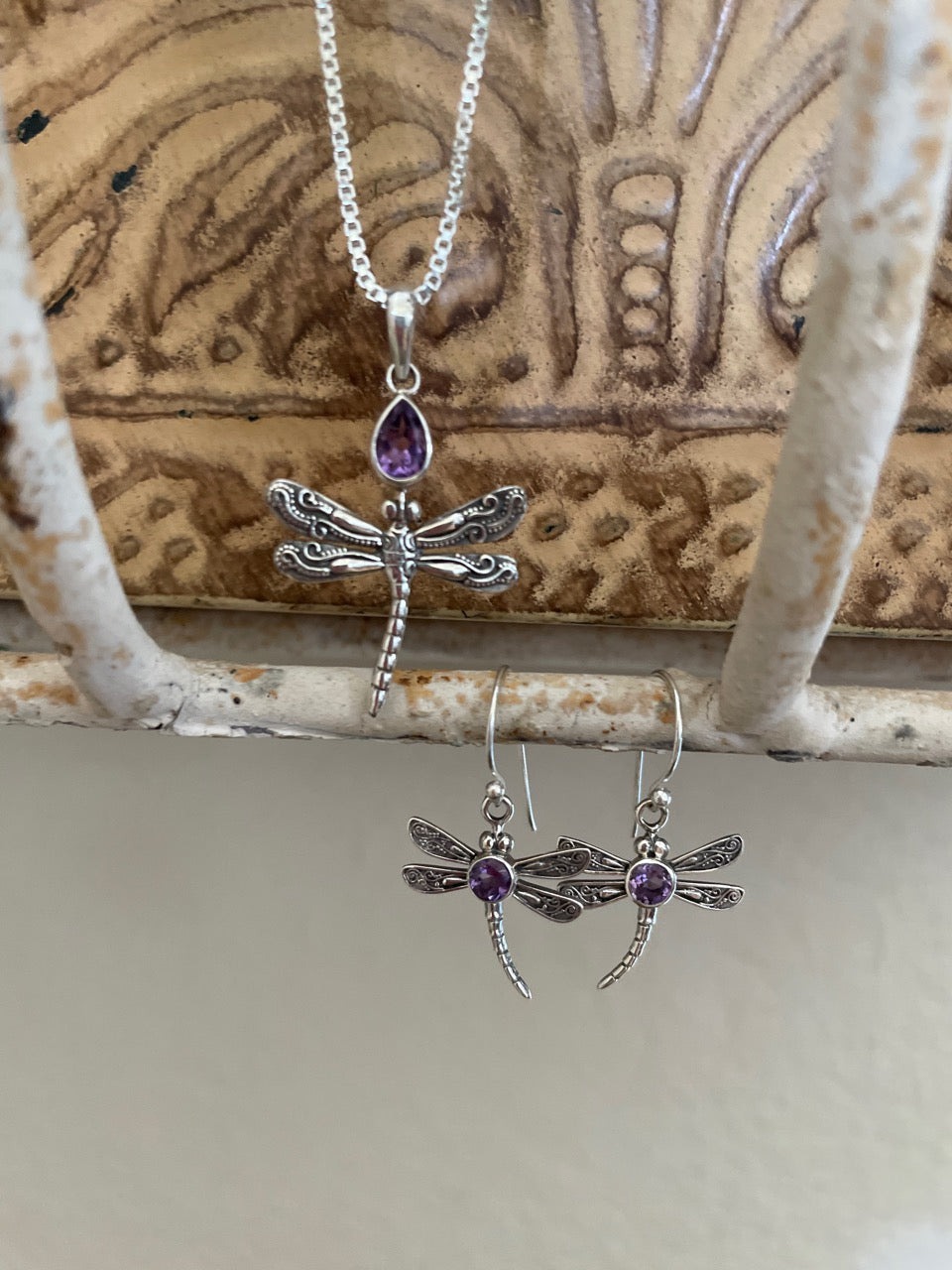 Dragon Fly Sterling Silver Pendant and Earring set adorned with Amethysts