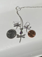 Load image into Gallery viewer, Dragon Fly Sterling Silver Pendant and Earring set adorned with Amethysts