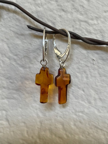 Amber Sterling Silver Dangle Euro Clasp Cross Earring
