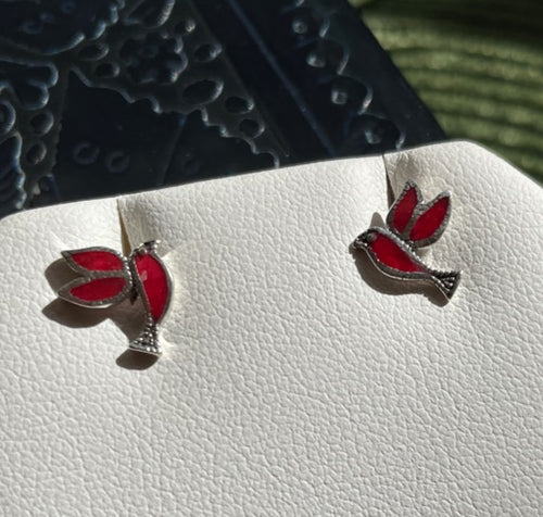 Hummingbird Red Coral Sterling Silver Stud Earrings