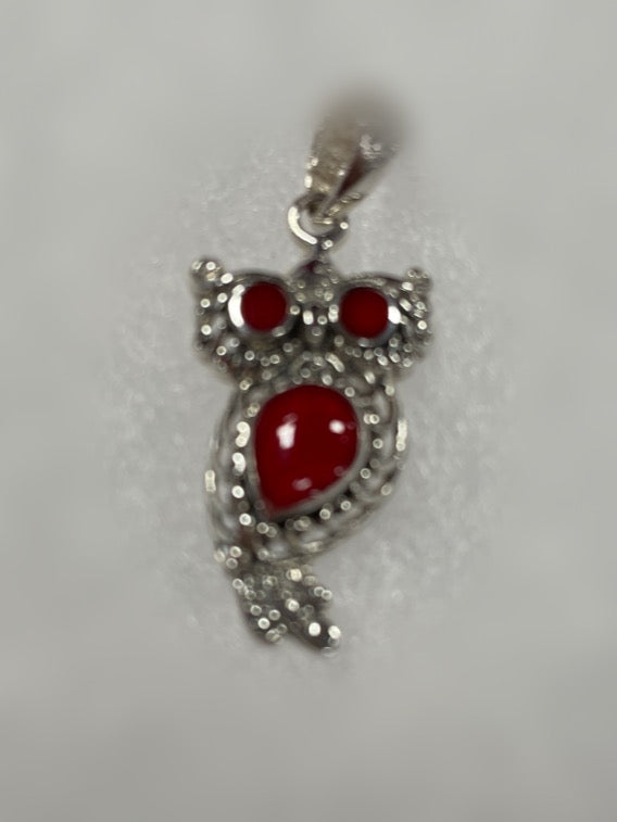 Sterling Silver Red Coral Owl Pendant