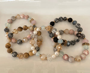Lava Stone, Jasper and Glass bead Gemstone Bead bracelet, 10mm