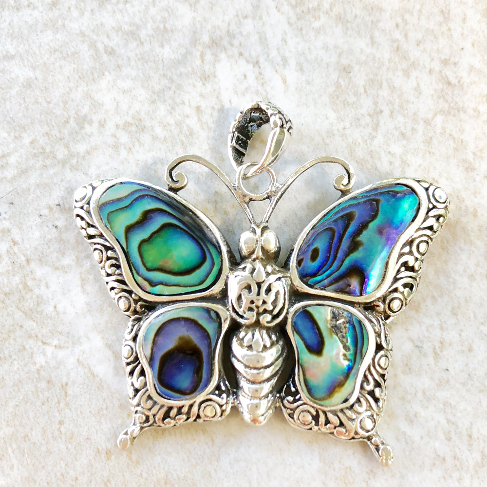 Abalone and Sterling Silver Butterfly Pendant