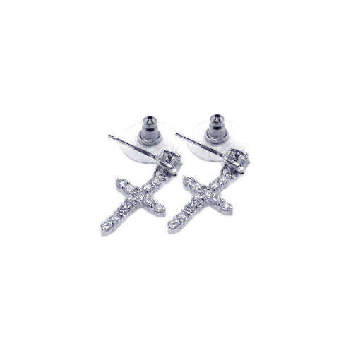 Sterling Silver 925 Rhodium Plated Clear Cross CZ Stud Earrings