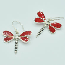 Load image into Gallery viewer, Red Coral Sterling Silver Dragonfly Earrings