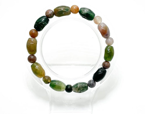 Indian Agate Round & Sphere Barrel Natural Gemstone Stretch Bracelet