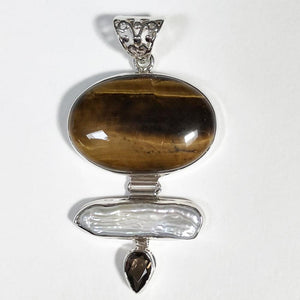 Tiger-eye, Bewa Pearl and Smokey Quartz Pendant - one of a kind