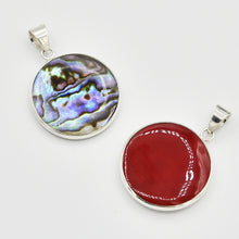 Load image into Gallery viewer, Double-sided Abalone, Red Coral and Mother of Pearl Sterling Silver Round Pendant