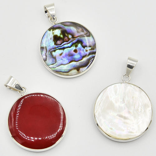 Double-sided Abalone, Red Coral and Mother of Pearl Sterling Silver Round Pendant