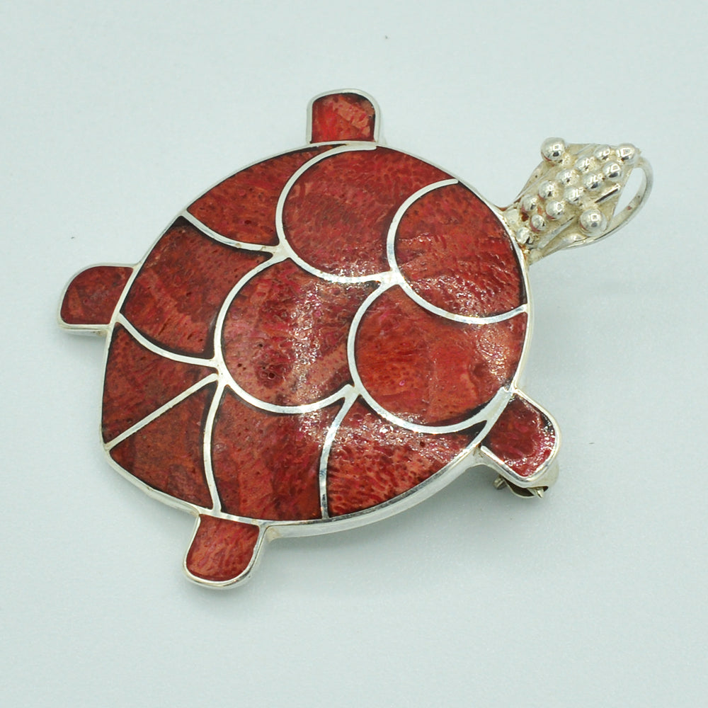 Sterling Silver Turtle Pendant / Pin or Brooch - Abalone, Coral or Mother of Pearl