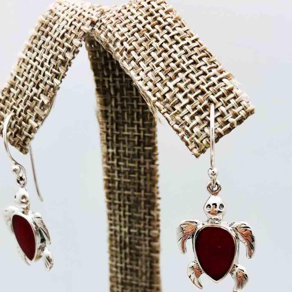 Coral and Sterling Silver Turtle Earrings