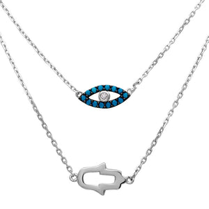 Sterling Silver 925 Rhodium Plated Hamsa Hand and Evil Eye Necklace