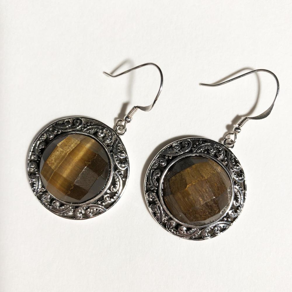 Silver and Faceted Tiger-eye Round Earrings 3/4